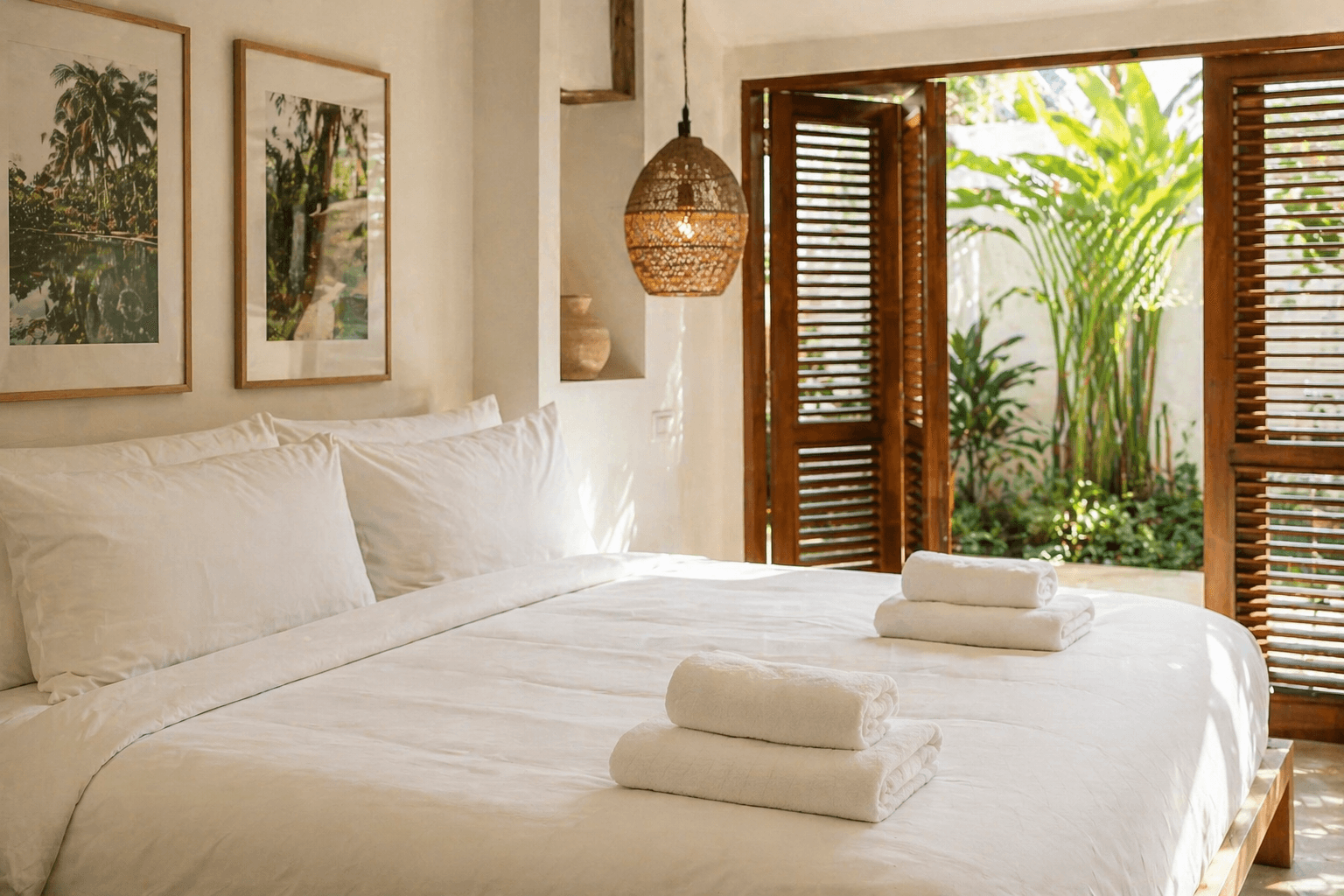 Fresh white linens for a Bali Airbnb villa managed by a laundry service