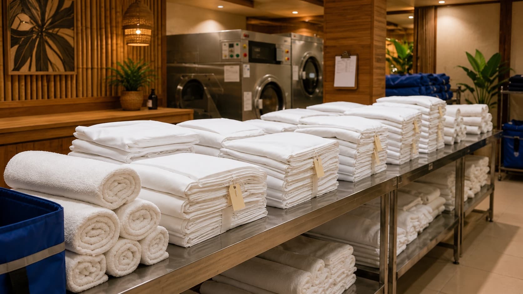 Stacks of folded white hotel linen on a stainless steel sorting table at a Bali laundry partner
