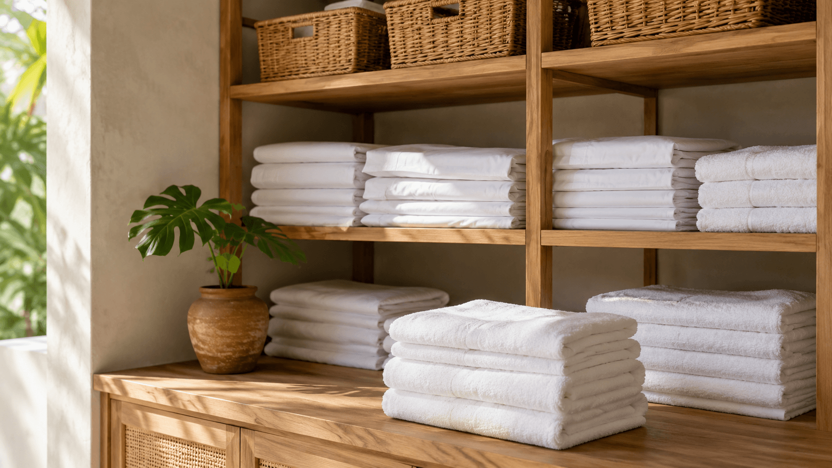 Crisp white folded sheets and bath towels stacked on wooden shelving at a Bali villa laundry, with woven rattan baskets and a tropical leaf in a terracotta pot