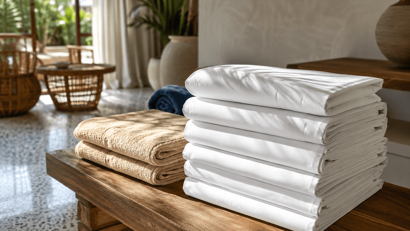 Stack of ironed white linen sheets ready for a Bali villa turnover