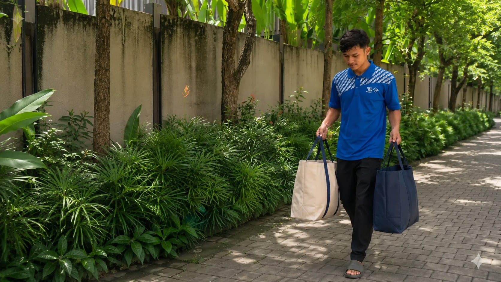 Easy Day Laundry team member delivering laundry bags along a Bali villa walkway