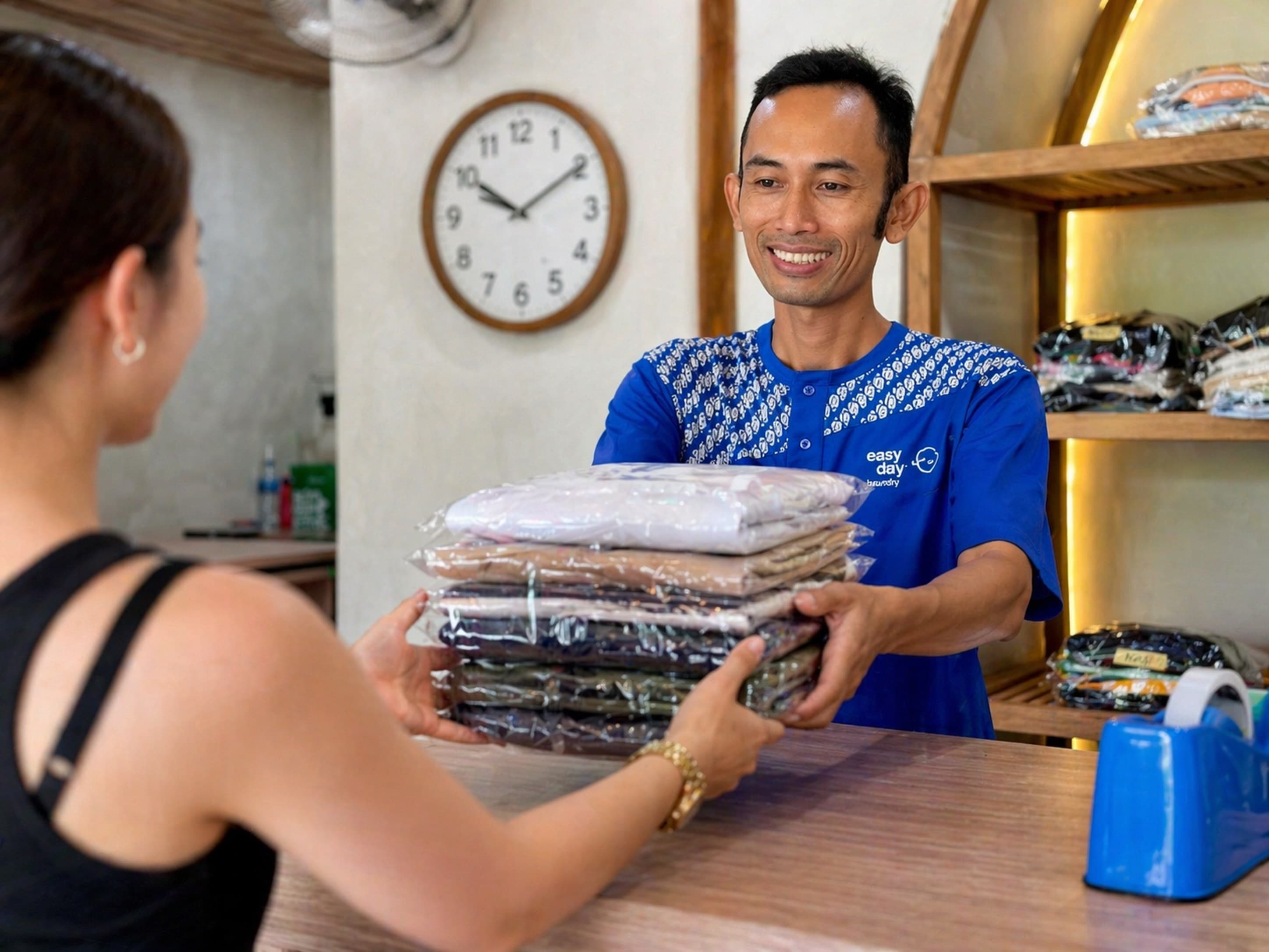 Easy Day Laundry staff member handing a folded stack of fresh laundry back to a tourist at the Canggu counter