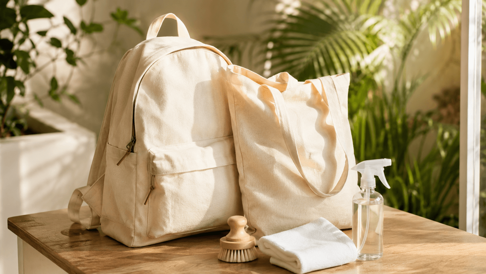 Canvas backpack and tote bag with cleaning brush and plant-based spray at a Bali bag care service