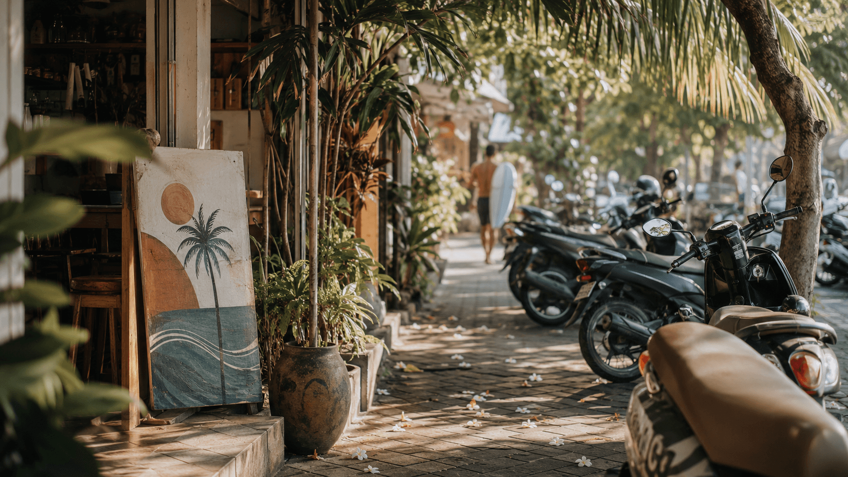 Berawa Canggu street scene with cafés, scooters and tropical greenery