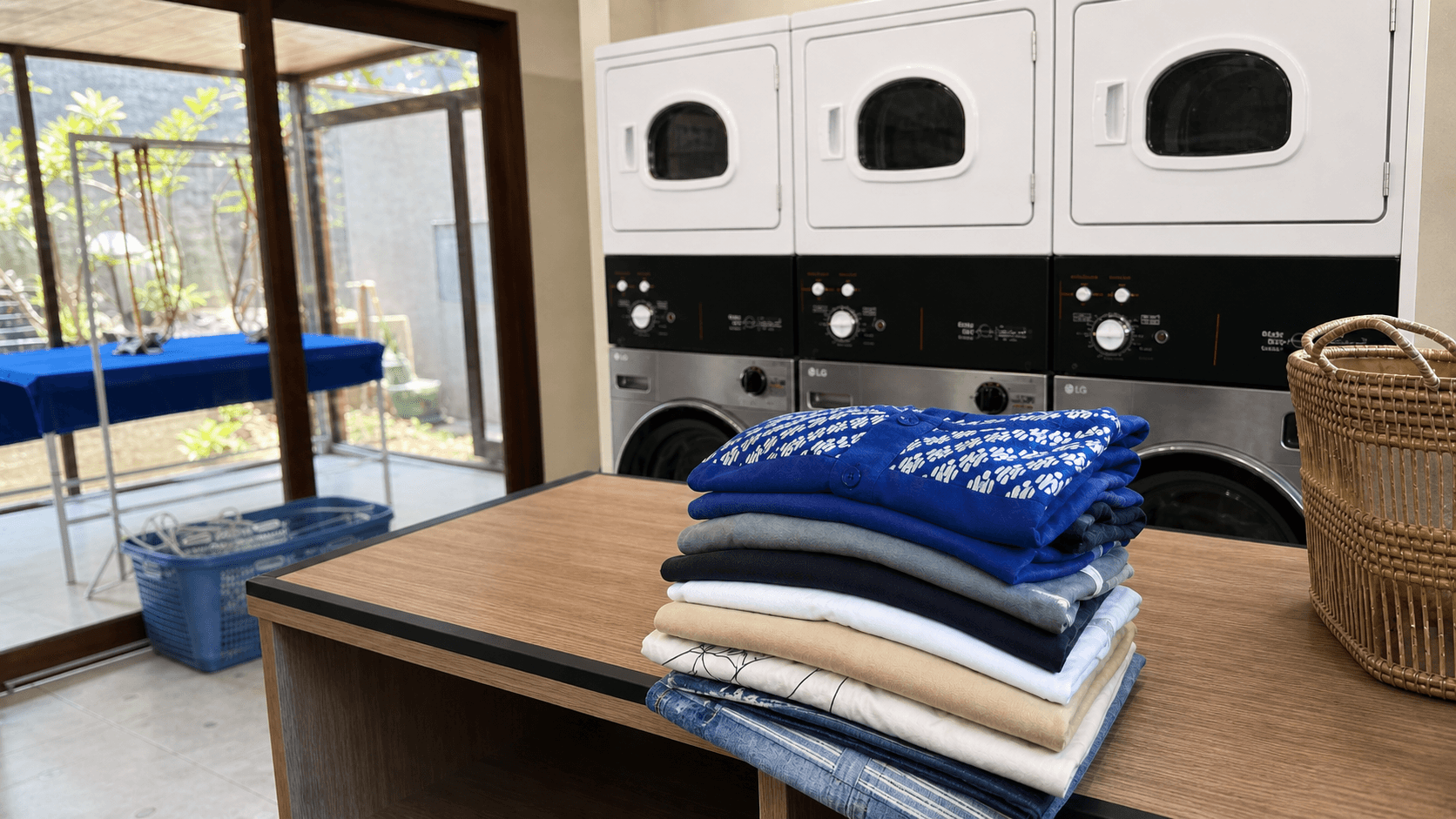Folded laundry and a weighing scale used to compare Bali laundry prices