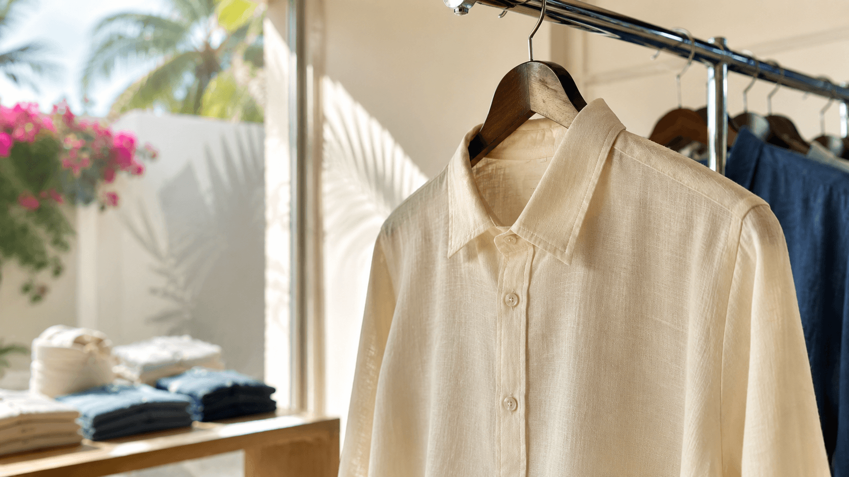 Hand-pressed cream linen shirt hanging at a Bali dry cleaning shop