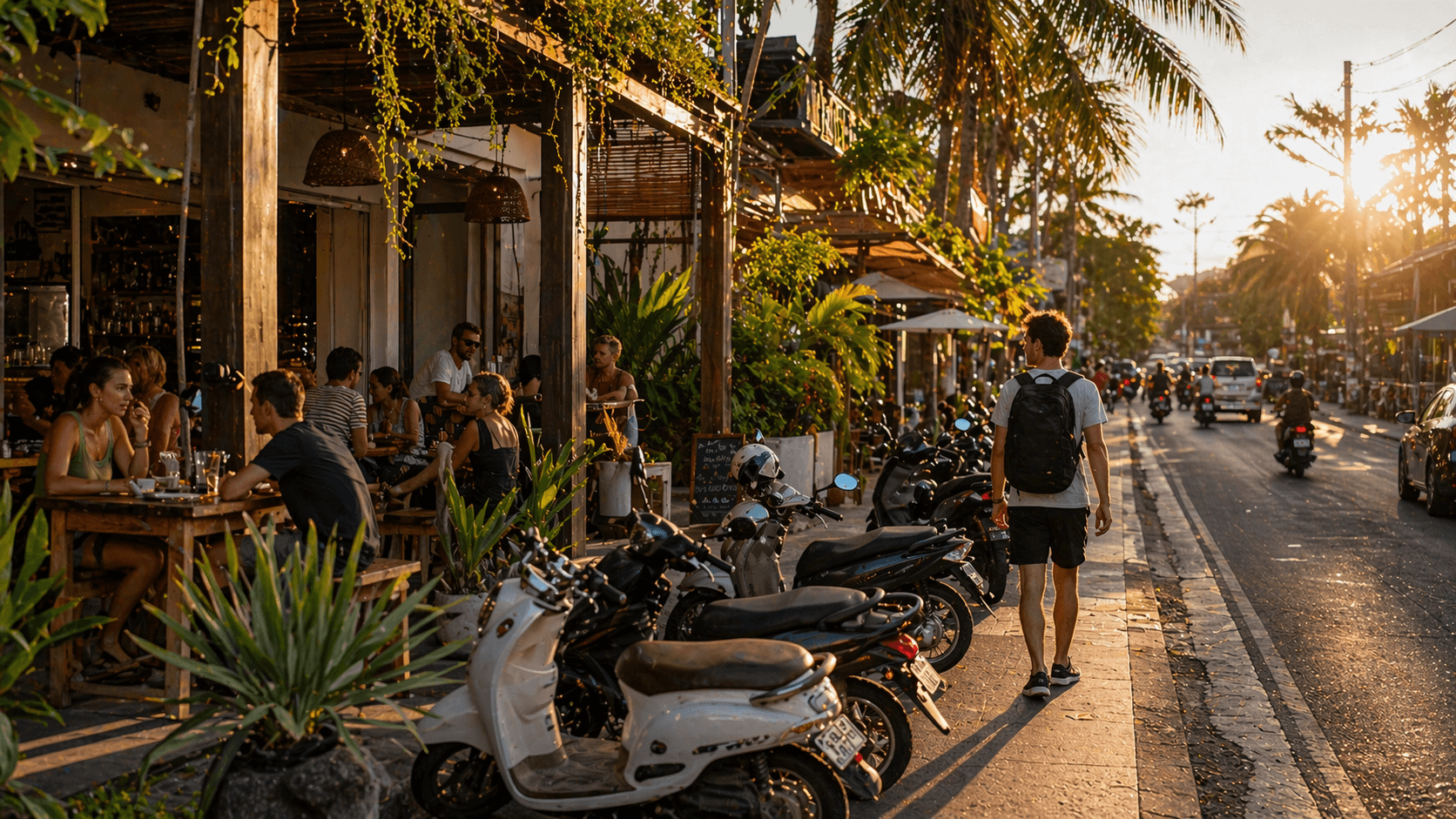 Street scene in Canggu Bali with scooters and cafes during golden hour