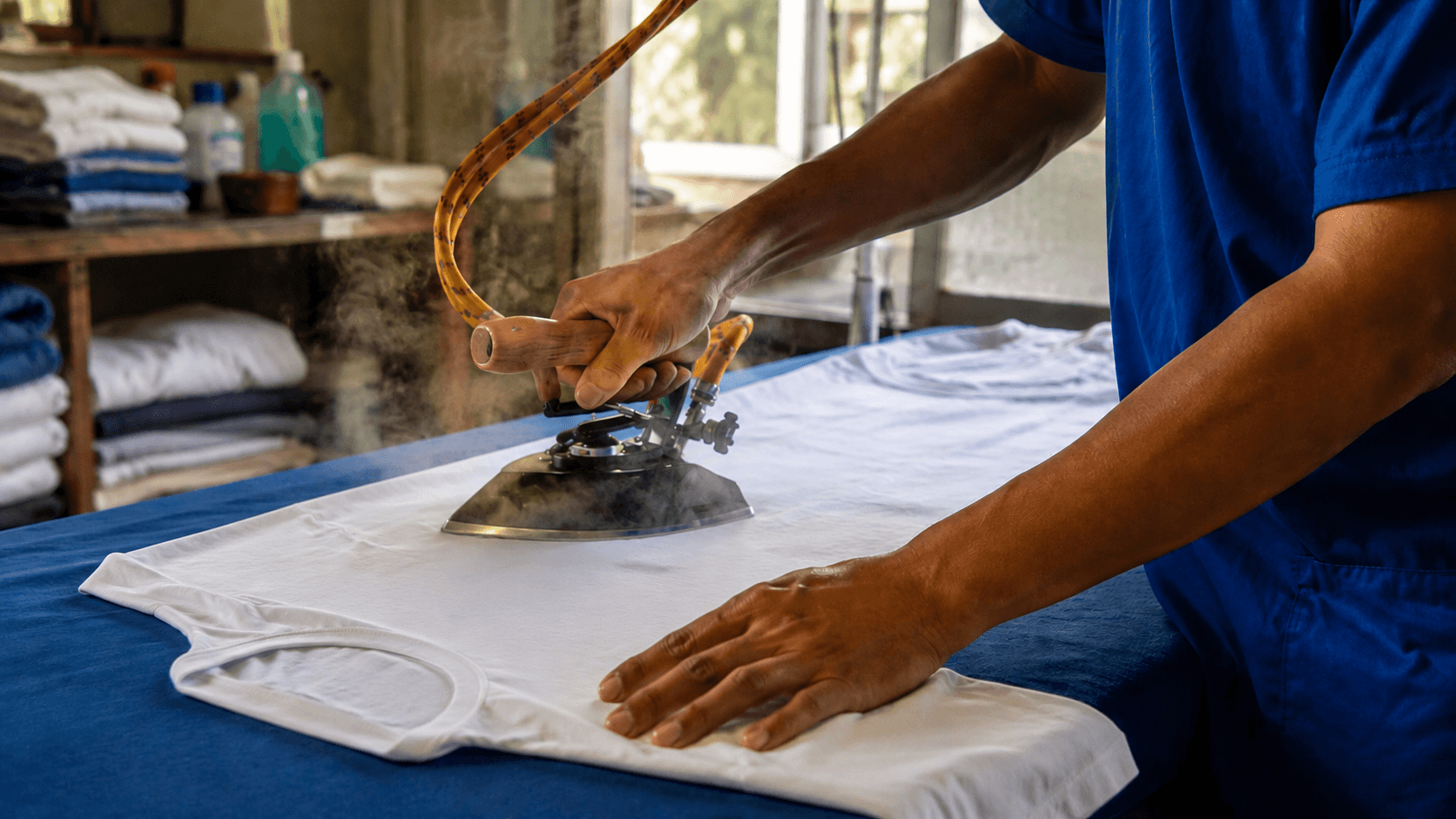 Hand-ironed white shirt being pressed at a Canggu laundry shop