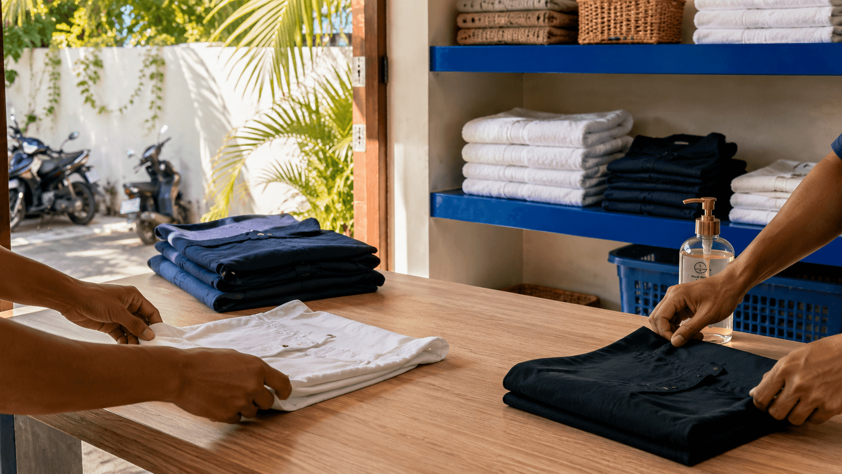 Hands folding fresh laundry on a wooden counter at a Bali laundry shop, with stacks of folded clothes and towels in the background