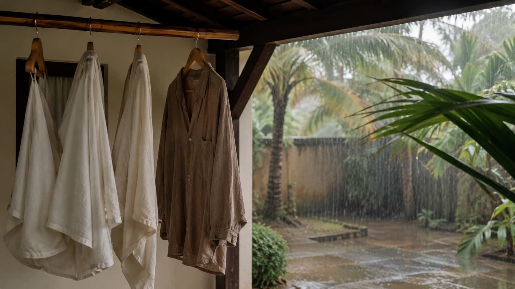 Damp laundry hanging under a Bali villa balcony during a rainy afternoon
