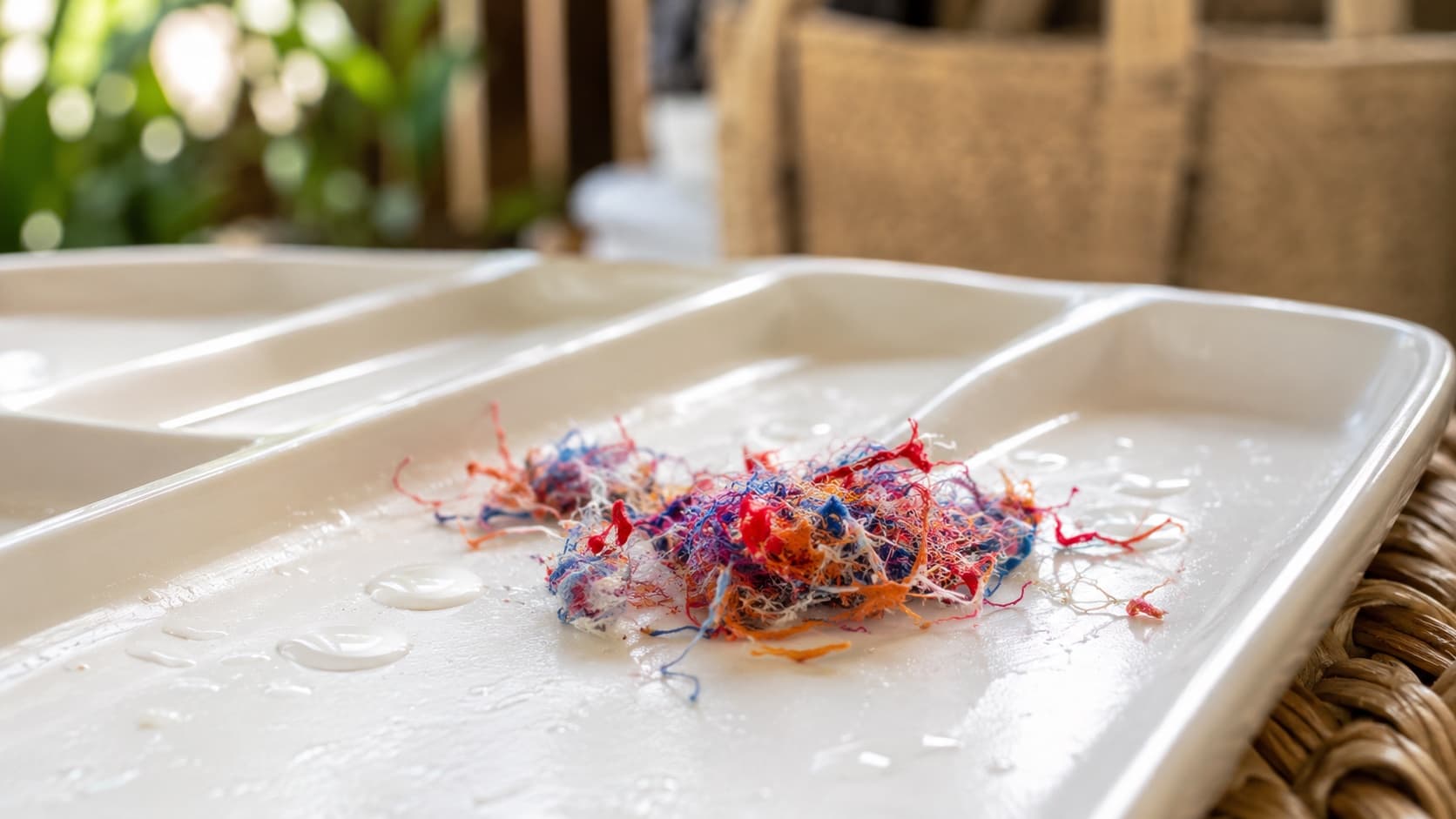 Close-up of synthetic fabric fibres on a Bali laundry sorting tray