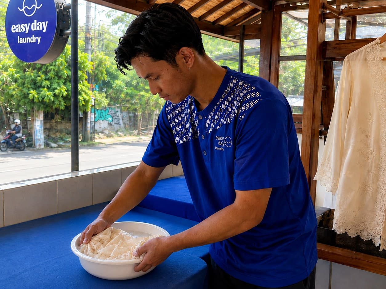 Easy Day Laundry team member hand-finishing a delicate garment