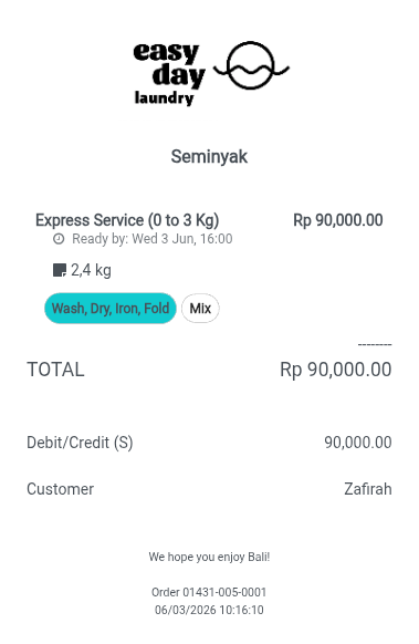 Easy Day Laundry Seminyak Express service receipt showing 'Ready by: Wed 3 Jun, 16:00' return time for a 2.4 kg Wash, Dry, Iron, Fold order at Rp 90,000