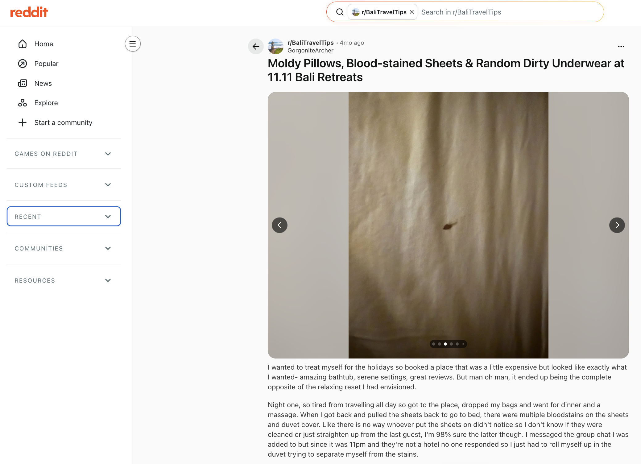 Reddit r/BaliTravelTips post titled 'Moldy Pillows, Blood-stained Sheets & Random Dirty Underwear at 11.11 Bali Retreats' with a guest's photo of stained linen